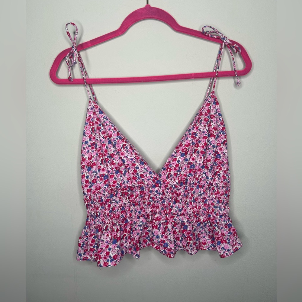 Sim & Sam Crop Top Women Large Floral Tank Tie Strap Ruffle Cottage Rodeo Resort